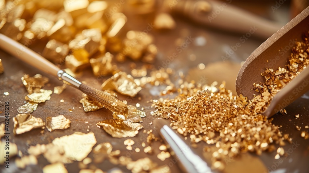 Traditional Gold Leaf Craftsmanship on a Wooden Table Illuminated by Warm Light Traditional Gold Leaf Craftsmanship on a Wooden Table Illuminated by Warm Light