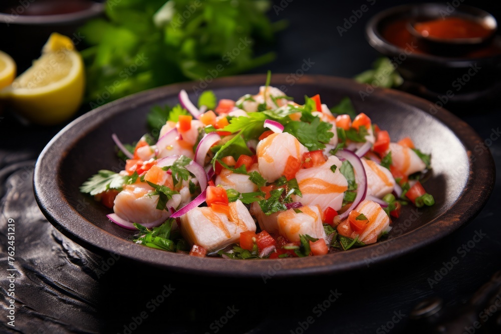 Tasty ceviche on a rustic plate against an aged metal background