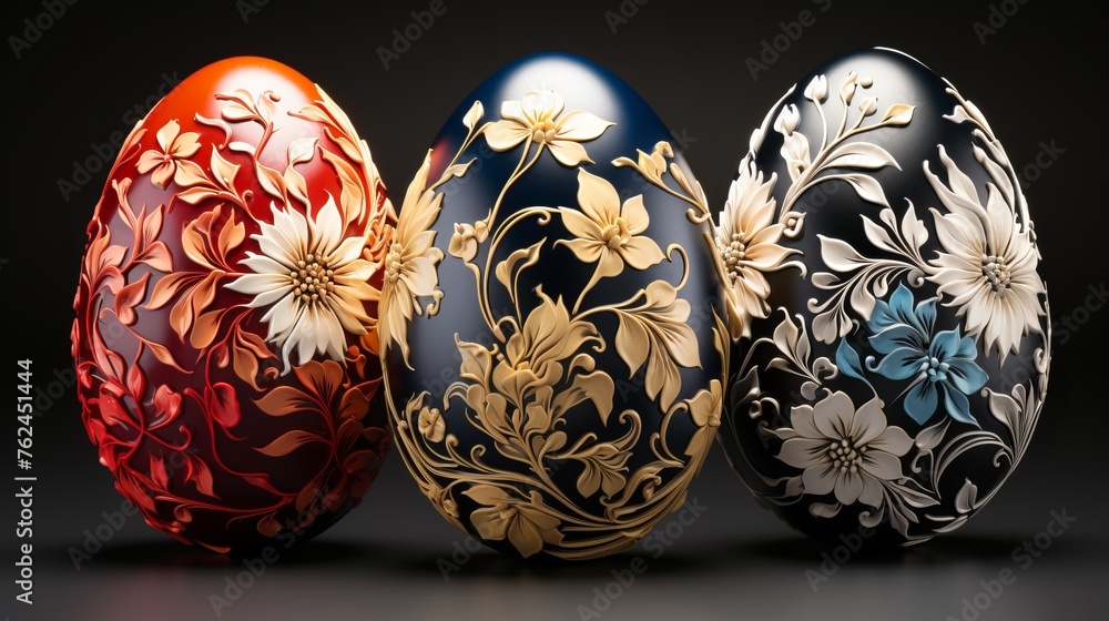 A collection of Easter eggs decorated with intricate floral patterns in a varied color palette. Concept for: holiday advertising, traditional Easter publications, craft and decorative products. A collection of Easter eggs decorated with intricate floral patterns in a varied color palette. Concept for: holiday advertising, traditional Easter publications, craft and decorative products.