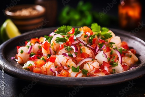 Tasty ceviche on a rustic plate against an aged metal background