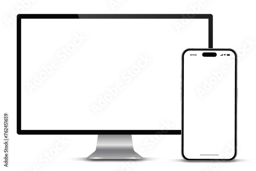 3d high quality realistic device mockup. Computer monitors, laptops, tablets and mobile phones. Electronic gadgets isolated on white background for ui ux, presentation, mobile apps photo