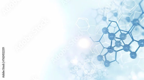 Blue atom and molecules on white background for science, technology, medicine website, presentation. Copy space for text.   © Alla