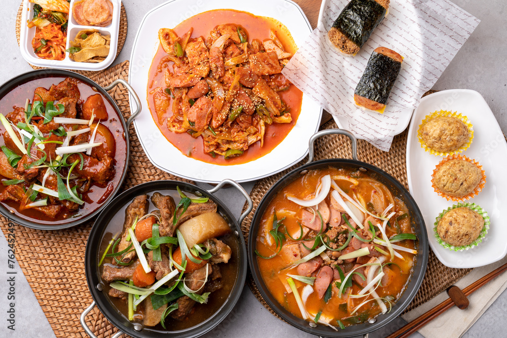 Korean food, pork back ribs, steamed pork back ribs, spicy, stir-fried budae, budae jjigae, beef, fried beef, spam, musubi, pork cutlet,