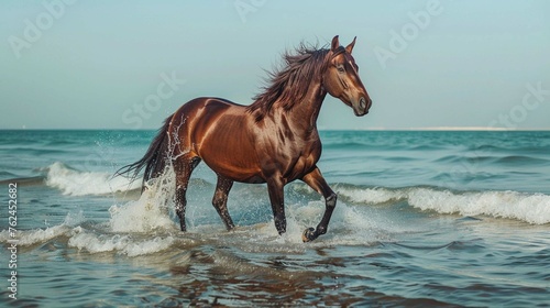 Brown arabian horse rearing while standing in the sea - Essaouira  Morocco