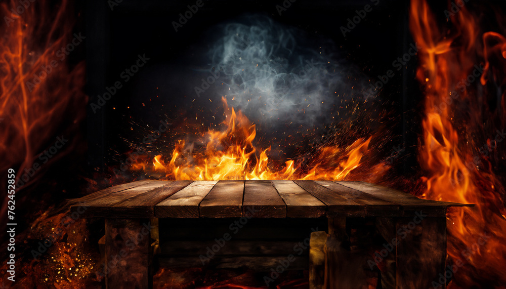 wooden table with Fire burning at the edge of the table, with fire flames on a dark background to display products
