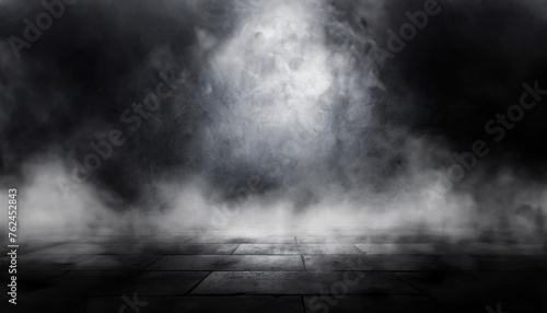 Black room or stage background for product placement, mist or smog moves on black background. photo