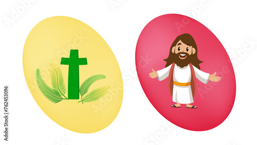 fancy easter egg set with jesus and plam sunday isolated on white background vector illustration