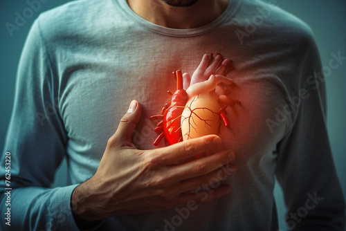 Abstract image of a man with chest pain. Health concept. Background with selective focus and copy space. AI generated photo