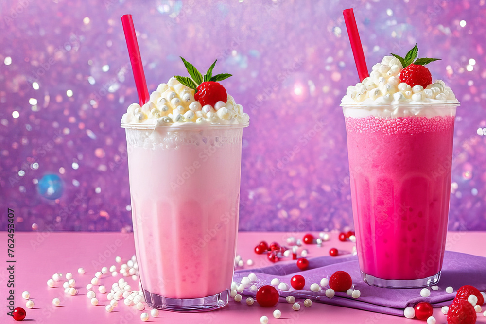 Colorful and joyful scene featuring a sweet pink bubble tea with whipped cream and tapioca pearls. Colorful and joyful scene featuring a sweet pink bubble tea with whipped cream and tapioca pearls.