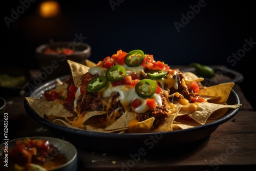 Juicy nachos in a clay dish against an aged metal background