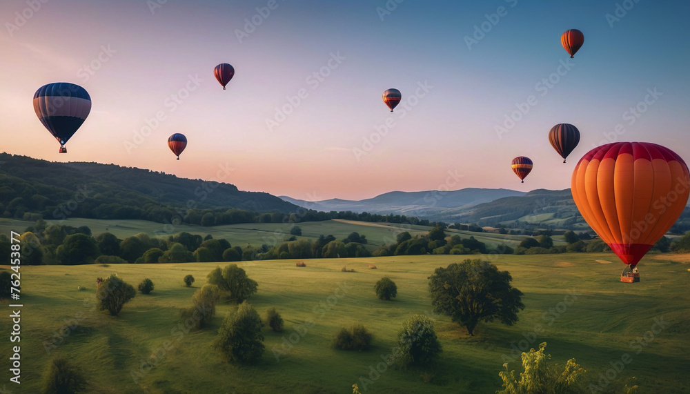 Obraz premium a balloon is flying at sunset, a balloon in the clouds, a lot of balloons in the sky