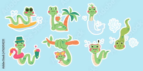 Set sticker character summer snake hand drawn