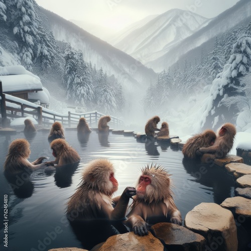 Macaques enjoying the warm waters at Jigokudani Park, Yudanaka, Nagano, Japan 