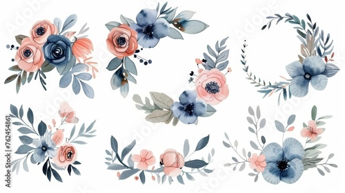 Elegant floral collection with isolated blue, pink leaves and flowers, hand drawn watercolor. Use as an invitation, greeting card, or wedding invitation.