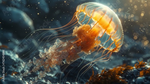 Jellyfish Floating in Water With Bubbles photo