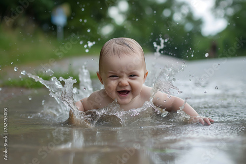 Happy baby playing and making a splash in a puddle, showcasing pure joy and delight