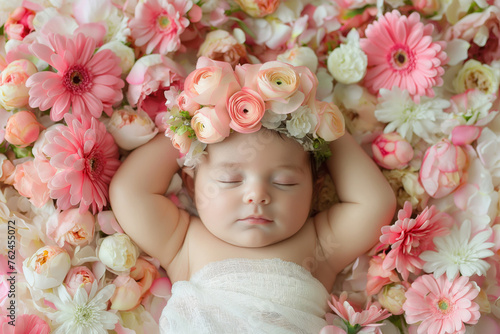 Serene infant adorned with a floral crown sleeps among a bed of colorful blossoms