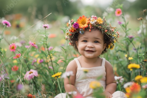 Cute toddler with a colorful flower wreath smiles in a summer meadow
