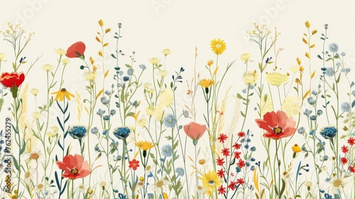 The background of this pattern has flowers in a meadow. An attractive, seamless pattern with cute florals.