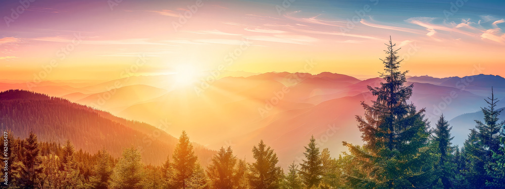 A beautiful mountain landscape with a bright orange sun in the sky
