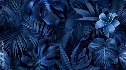 Hawaiian plants and flowers on an exotic tropical modern background. Seamless indigo tropical pattern with monstera and sabal palm leaves.