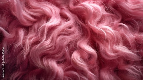 Close-Up View of Vibrant Pink Curly Synthetic Hair Fibers Texture