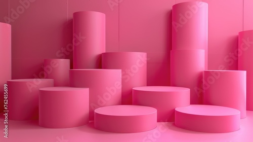 Realistic 3D cylinder pedestal pink podium background. Abstract pink pastel minimal scene for mockup products, stage showcase, promotion display.