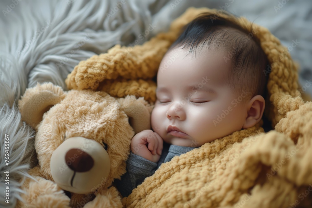 Adorable infant sleeping serenely wrapped in a cozy yellow blanket, cuddling with a plush bear