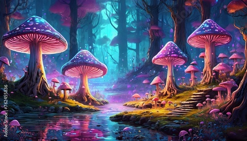 illustration of a magical mushroom forest. neon style. amanita muscaria