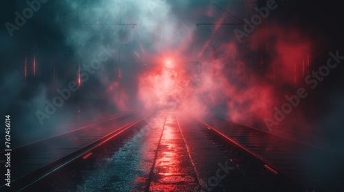 Train Traveling Through Foggy Train Station