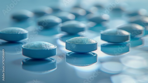 Serene blue medical tablets in a glass container with soft reflections