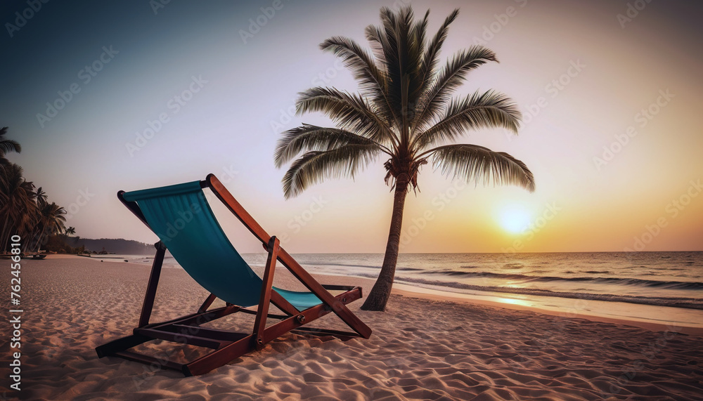 two sun loungers by the sea at sunset, a place to relax, a vacation awaits you, a wonderful place to relax, palm trees by the sea, go on vacation, vacation