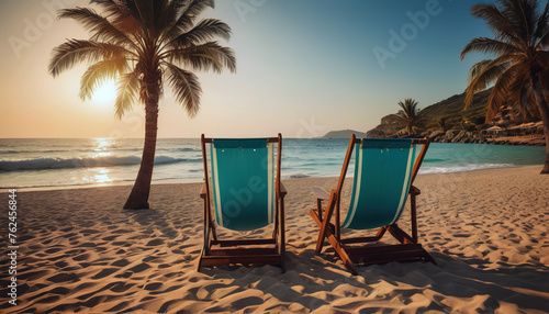 two sun loungers by the sea at sunset, a place to relax, a vacation awaits you, a wonderful place to relax, palm trees by the sea, go on vacation, vacation photo