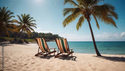 two sun loungers by the sea at sunset  a place to relax  a vacation awaits you  a wonderful place to relax  palm trees by the sea  go on vacation  vacation