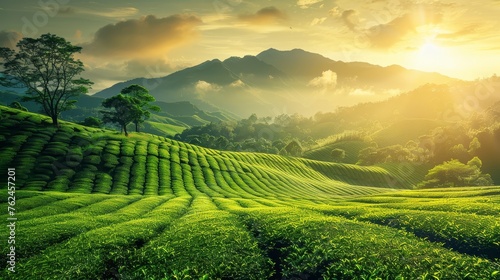 Distant high mountains The tea fields lined up under the sunshine give a warm feeling.