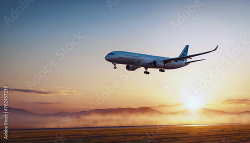 a passenger plane takes off at sunset, a plane flies at dawn, a large plane lands at sunset photo