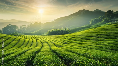Distant high mountains The tea fields lined up under the sunshine give a warm feeling.