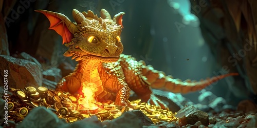 Fantastical Fiery Dragon Guarding Glittering Treasure Hoard in Mystical Cave