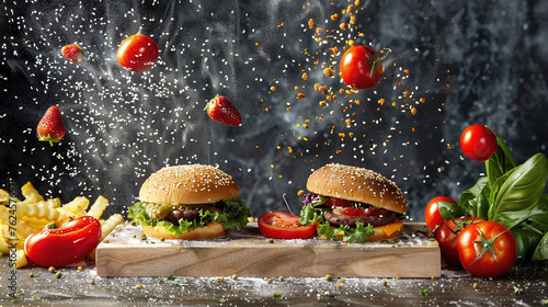 two burger and fries with levitating tomato, flour, on a wooden plate black background