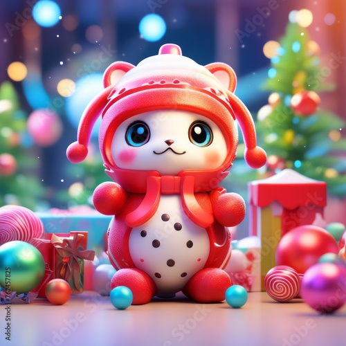 3d rendering of cute christmas bear wearing santa hat with a christmas background 3d rendering of cute christmas bear wearing santa hat with a christmas backgroundcute snowman, christmas background photo