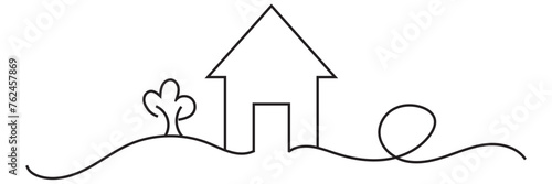 Continuous Thin Line Home Icon. Vector illustration for the web design.