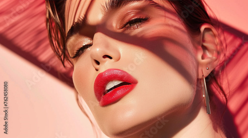 sensual pose female close up face model red lips lipstick shadow over face pink background editorial photography