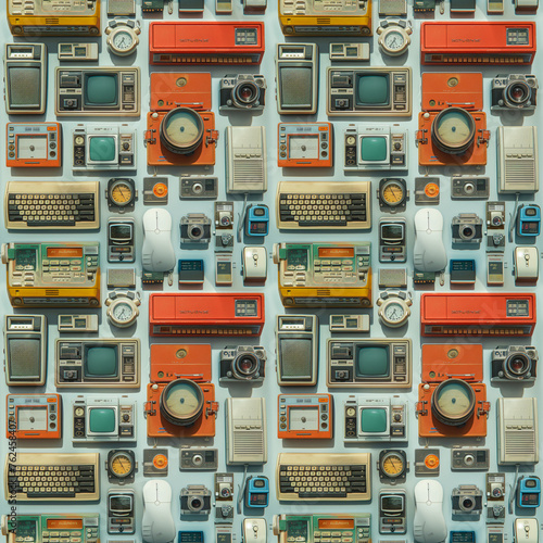 Vintage electronics and gadgets seamless pattern, retro technology background.