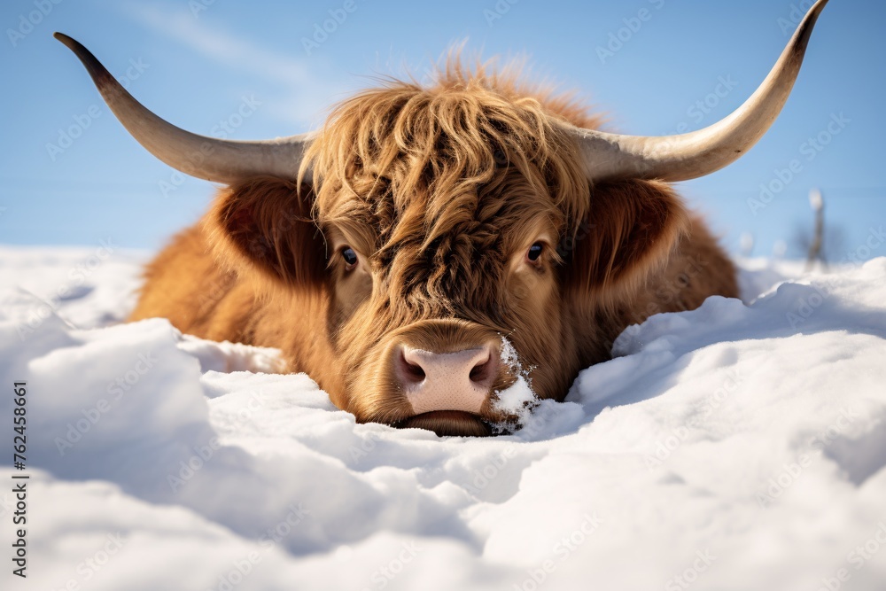 a cow lying in snow