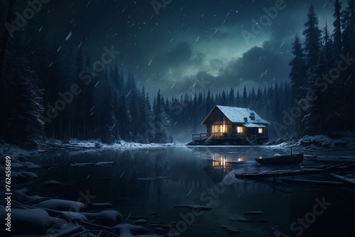 a cabin on a lake at night