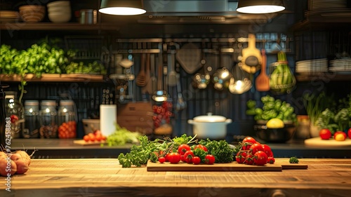 a wooden texture kitchen countertop, adorned with fresh produce, professional lighting, and a spacious layout.