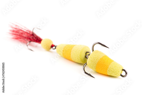 Polyurethane fishing bait with treble hooks for pike and zander shot on white background photo