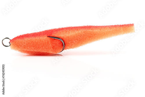 Homemade artificial fishing lure made of polyurethane foam, isolated on white