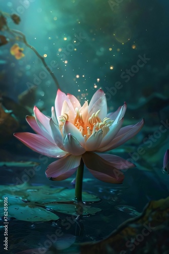 Water lily in the pond all around green leaves water rays of sunshine. Flowering flowers  a symbol of spring  new life.