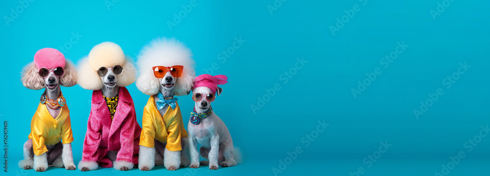 Poodles in Colorful Outfits on Teal Background